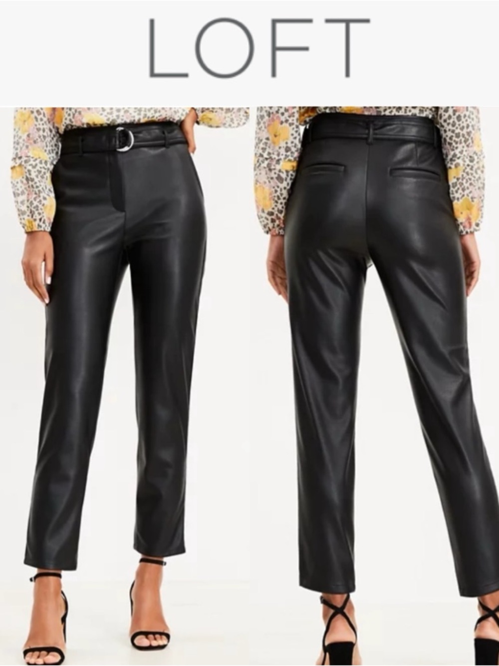 LOFT BLACK FAUX LEATHER BELTED PANTS HIGH WAIST ANKLE STRAIGHT LEG **NWT**